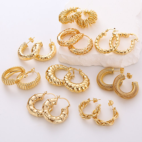 1 Pair Retro Simple Style Stripe Solid Color Twist Plating Copper 24K Gold Plated Hoop Earrings