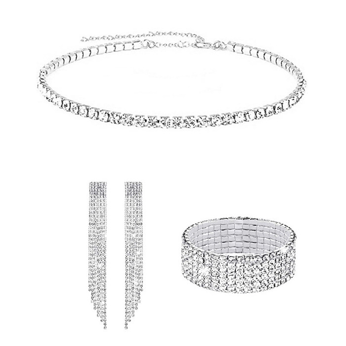 Fashion Geometric Tassel Rhinestone Titanium Steel Bracelets Earrings Necklace 1 Set