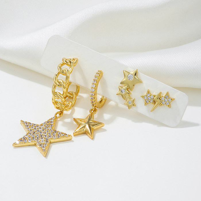 1 Set Shiny Pentagram Plating Inlay Brass 18K Gold Plated Drop Earrings