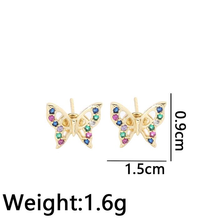 1 paire de clous d'oreilles élégants et modernes, incrustation de placage papillon en cuivre et Zircon plaqué or 18 carats