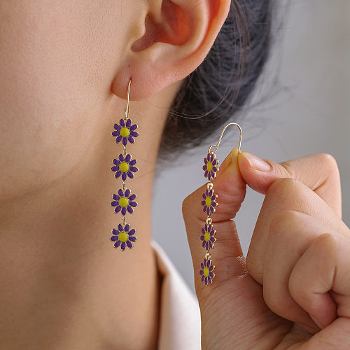 1 paire de boucles d'oreilles pendantes en cuivre et émail fleur de Style Simple
