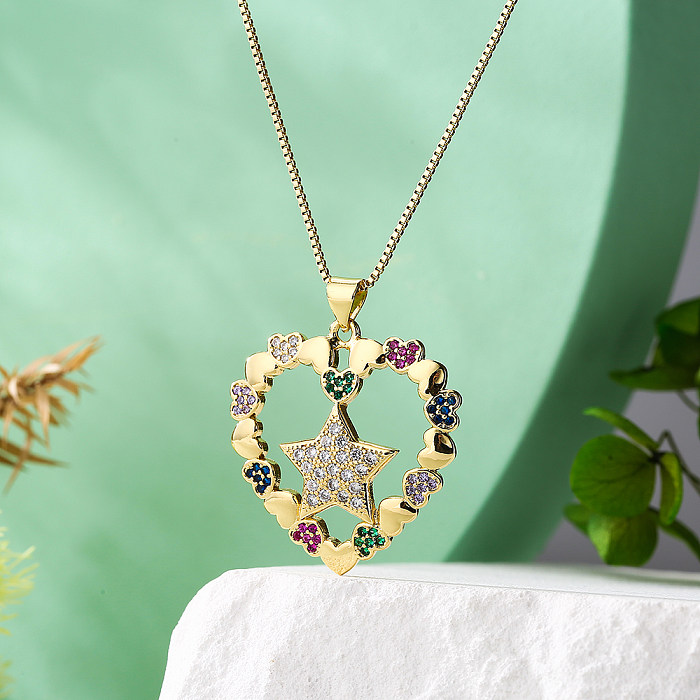 Collier pendentif pentagramme en forme de cœur, Style Simple, incrustation de cuivre, Zircon plaqué or 18 carats