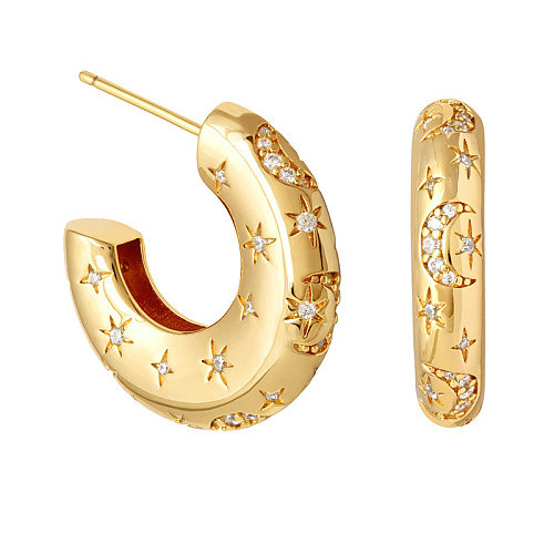 Fashion C Shape Star Copper Ear Studs Gold Plated Rhinestones Copper Earrings