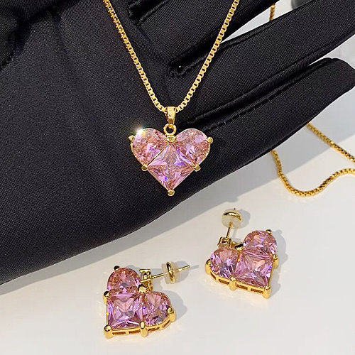 Fashion Heart Shape Copper Inlay Zircon Women'S Earrings Necklace