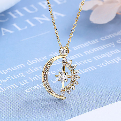 Fashion Star Moon Copper Inlay Zircon Pendant Necklace 1 Piece