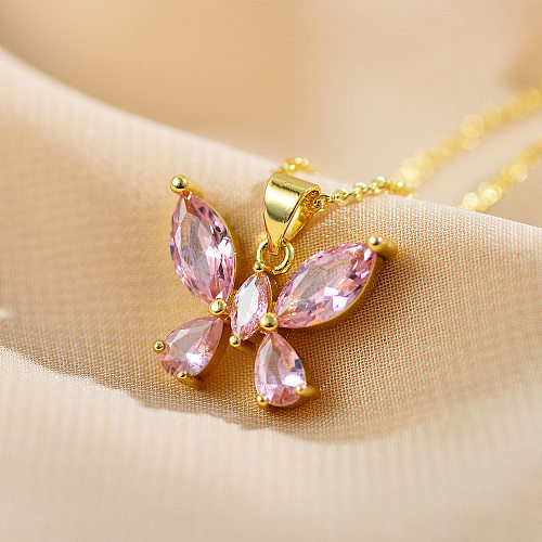 Elegant Simple Style Butterfly Copper Inlay Zircon Gold Plated Pendant Necklace