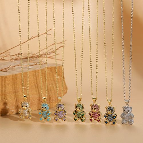 Cute Classic Style Streetwear Bear Copper Plating Inlay Zircon 14K Gold Plated Pendant Necklace