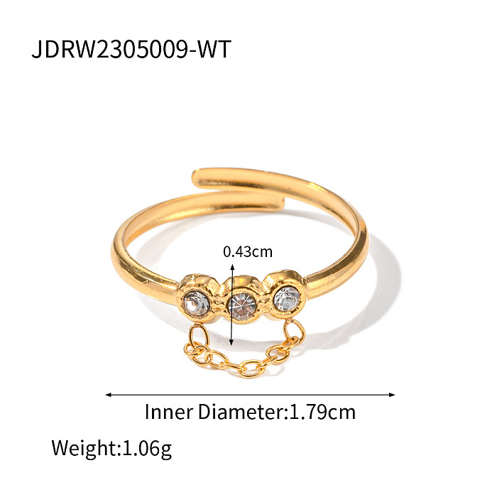 Estilo IG estilo simples redondo chapeamento de aço inoxidável corrente incrustada strass anéis abertos banhados a ouro 18K