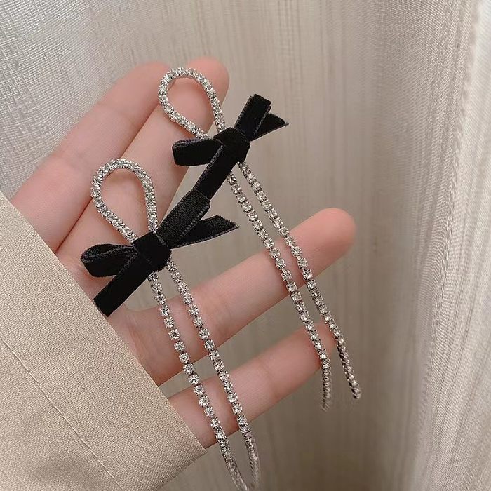 1 Pair Sweet Bow Knot Inlay Copper Rhinestones Drop Earrings