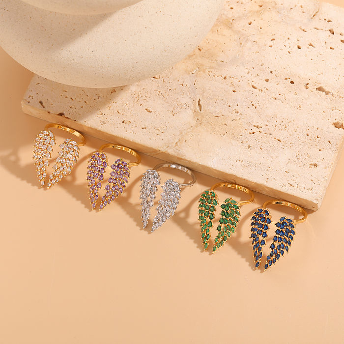 Classic Style Shiny Wings Copper Asymmetrical Plating Inlay Zircon 14K Gold Plated Open Rings