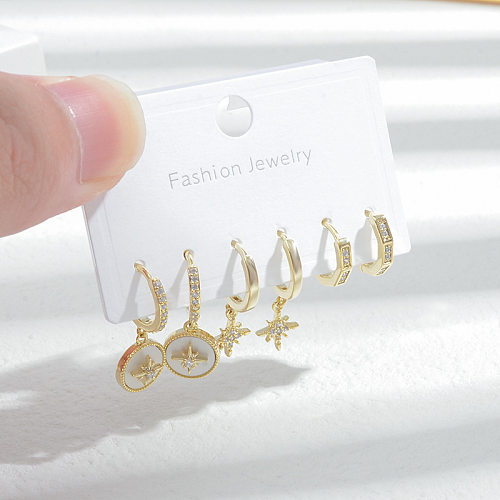 Boucles d'oreilles pendantes en cuivre étoile de Style Simple, incrustation de boucles d'oreilles en cuivre Zircon, 3 paires