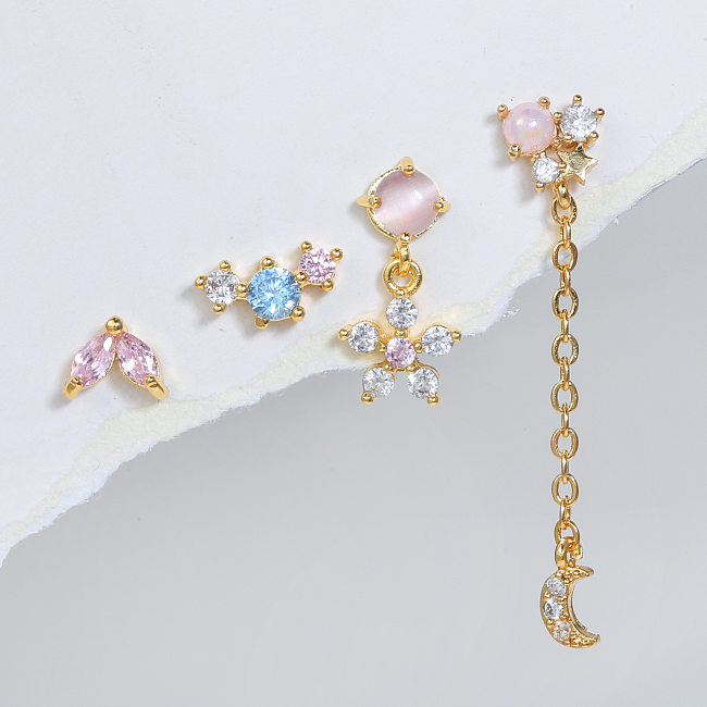 Fashion Moon Flower Copper Inlaid Zircon Earrings 1 Set