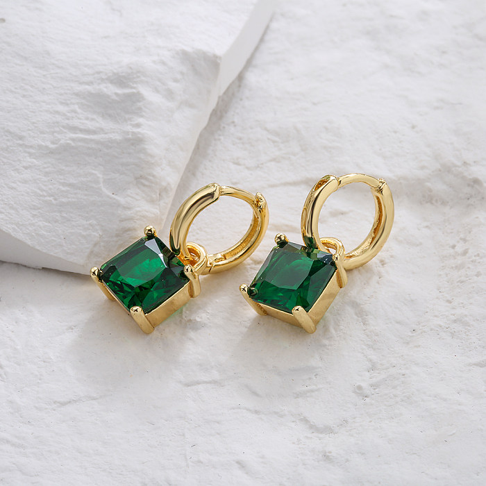 Simple Copper 18K Gold Plated Geometric Square Zircon Earrings