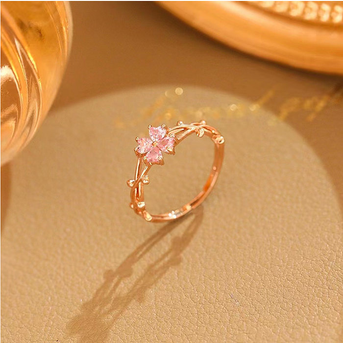 Lady Simple Style Korean Style Flower Copper Inlay Zircon Open Rings