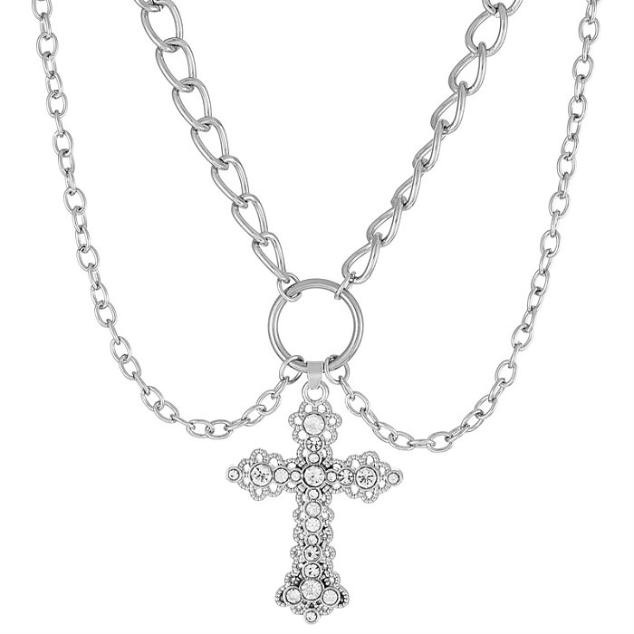 IG Style Kreuz Edelstahl Metall Kupferbeschichtung Inlay Künstliche Perlen Strasssteine ​​Zirkon 18K vergoldet versilberte Halskette
