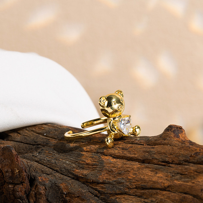 Anéis abertos folheados a ouro com zircão de cobre em forma de coração de urso fofo e doce