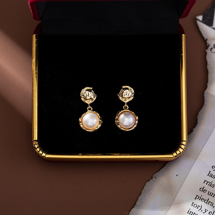 1 paire de boucles d'oreilles pendantes en perles de cuivre, Style Simple, incrustation ronde