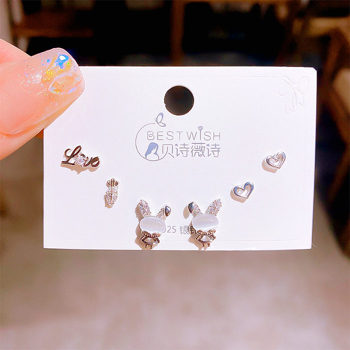 Sweet Round Butterfly Snowflake Copper Plating Inlay Zircon Ear Studs 1 Set