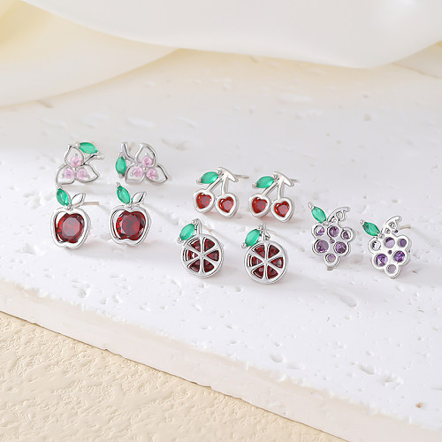 1 Pair Cute Fruit Plating Hollow Out Inlay Copper Zircon Silver Plated Ear Studs