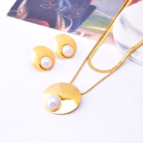 Collier rond de boucles d'oreilles en titane et acier pour femmes, incrustation de perles d'eau douce