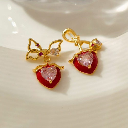 1 Pair Simple Style Heart Shape Copper Inlay Rhinestones Earrings