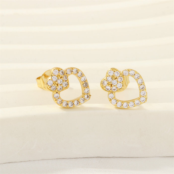 1 Pair Simple Style Heart Shape Butterfly Bow Knot Plating Inlay Copper Zircon 18K Gold Plated Ear Studs