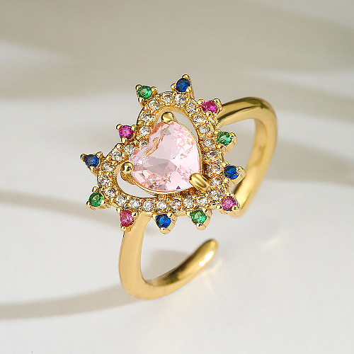 Elegant Shiny Heart Shape Copper Plating Inlay Zircon 18K Gold Plated Open Ring