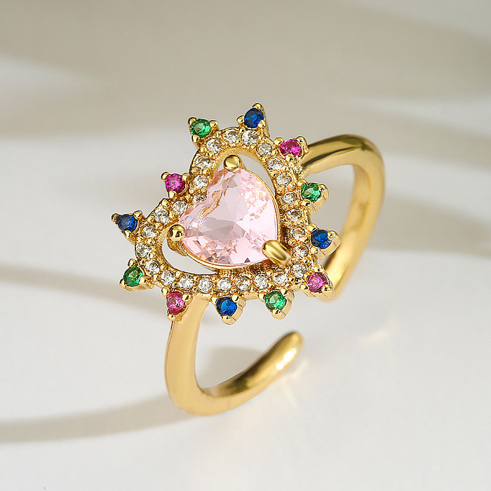 Eleganter, glänzender, herzförmiger offener Ring mit Kupferbeschichtung und Zirkoneinlage, 18 Karat vergoldet