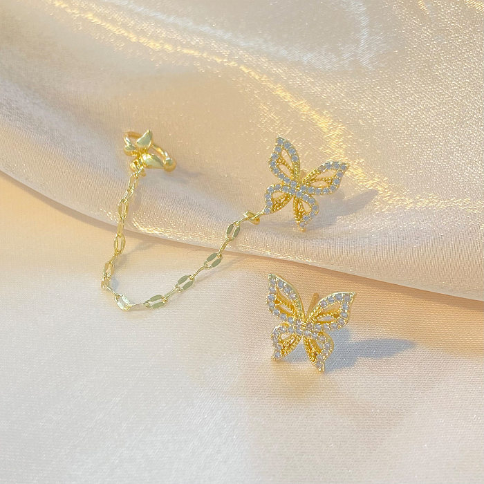 1 paire de Clips d'oreille en diamant artificiel, Style féerique, incrustation de papillon en cuivre, diamant artificiel