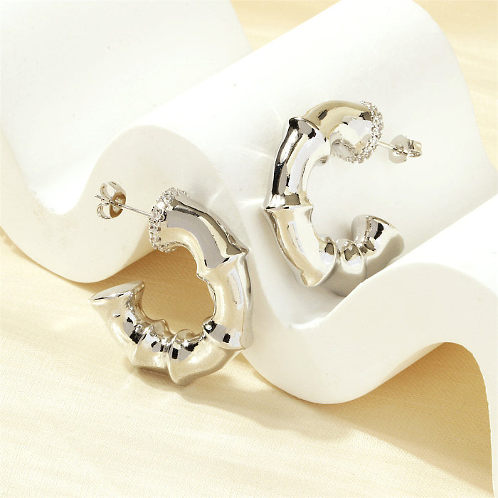 1 Pair Retro Simple Style C Shape Bamboo Plating Inlay Copper Zircon 18K Gold Plated Ear Studs