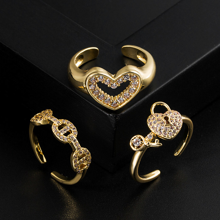 Simple Style Heart Shape Key Copper Gold Plated Zircon Open Ring 1 Piece