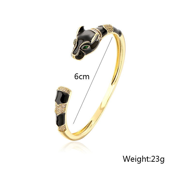 Simple Copper 18K Gold Plating Zircon Dripping Oil Leopard Head Open Bracelet