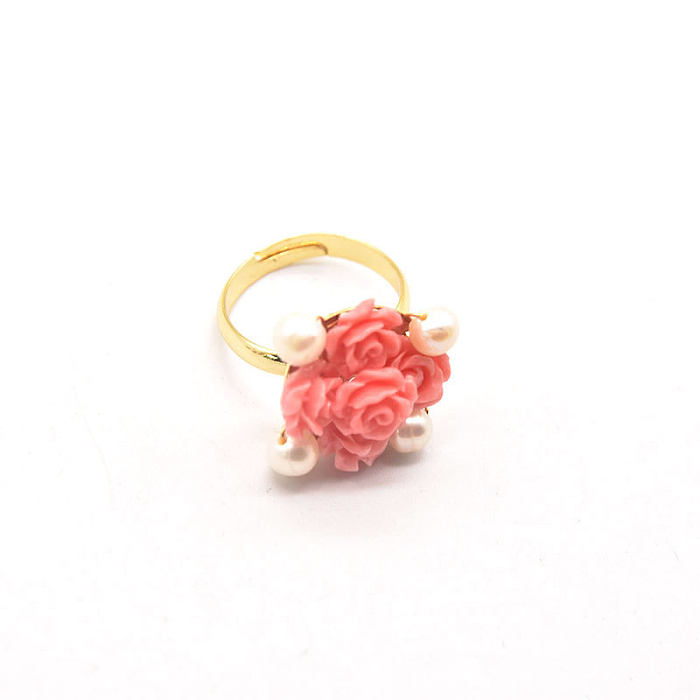 Original Design Flower Copper Plating Inlay Freshwater Pearl 18K Gold Plated Rings