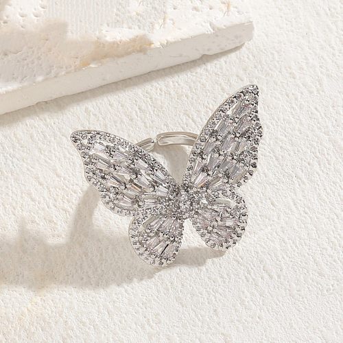Elegant Classic Style Butterfly Copper Asymmetrical Plating Inlay Zircon 14K Gold Plated Open Rings
