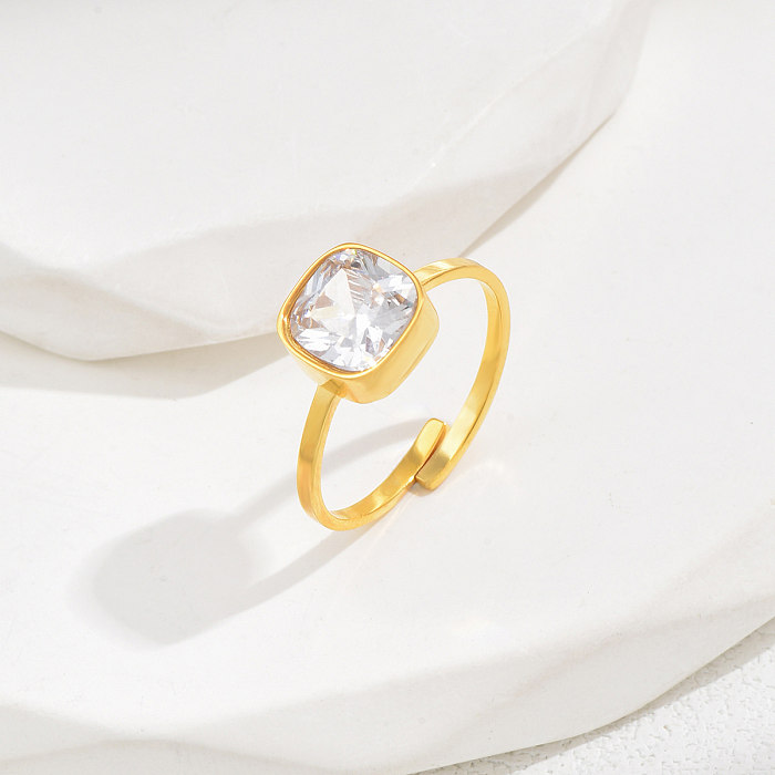 Elegant Simple Style Shiny Round Square Stainless Steel Inlay Zircon 18K Gold Plated Open Ring
