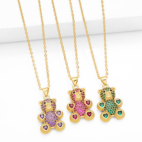 Niedliche, einfache Halskette mit kleinem Bären-Anhänger in Herzform, Kupfer, 18 Karat vergoldet, mit Zirkon, in großen Mengen