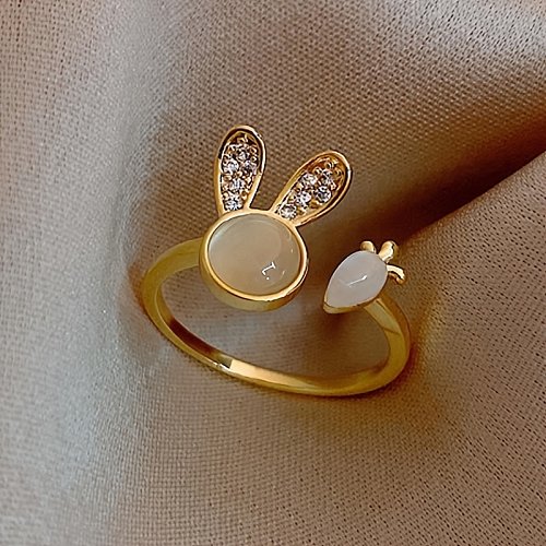 Cute Rabbit Copper Plating Inlay Opal Gold Plated Rings