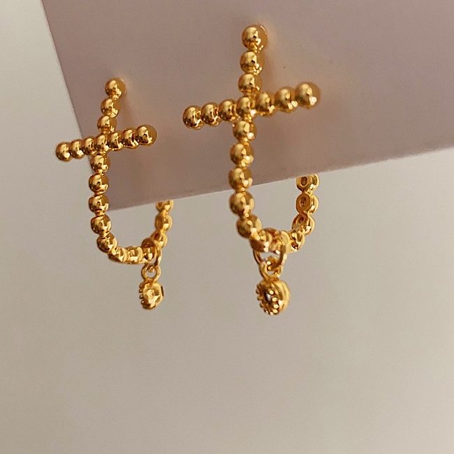 1 Pair Simple Style Cross Plating Copper Rhinestones 18K Gold Plated Drop Earrings