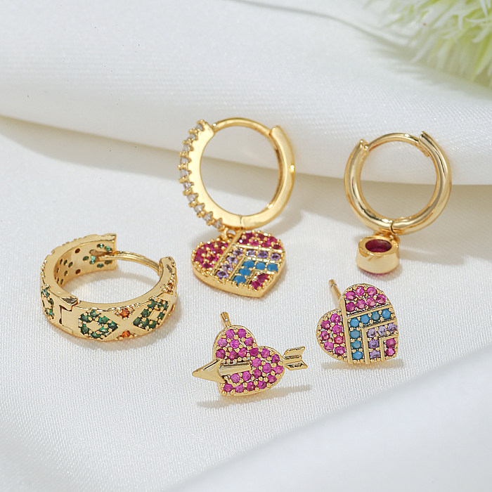 Retro Color Block Heart Shape Brass Gold Plated Zircon Earrings 5 Piece Set