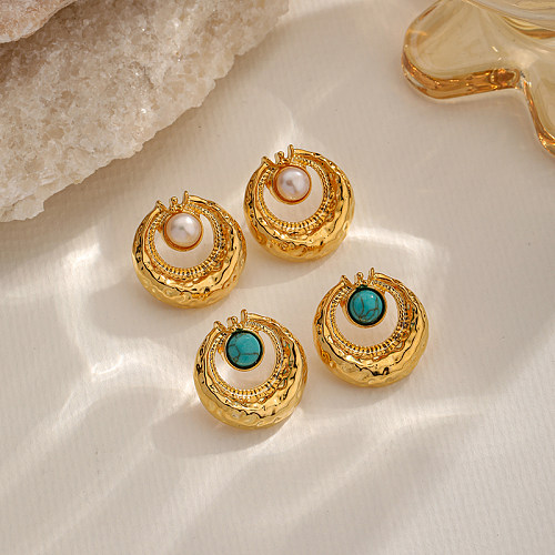 1 paire de clous d'oreilles plaqués or 18 carats, Style Simple, incrustation de placage géométrique, cuivre Turquoise, perle d'eau douce