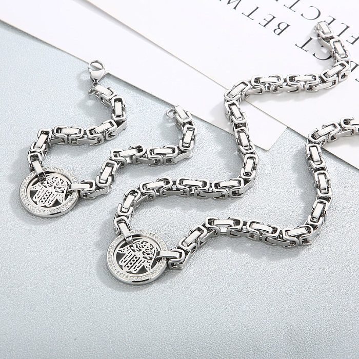 Elegant Round Palm Titanium Steel Plating Inlay Artificial Diamond Bracelets Necklace