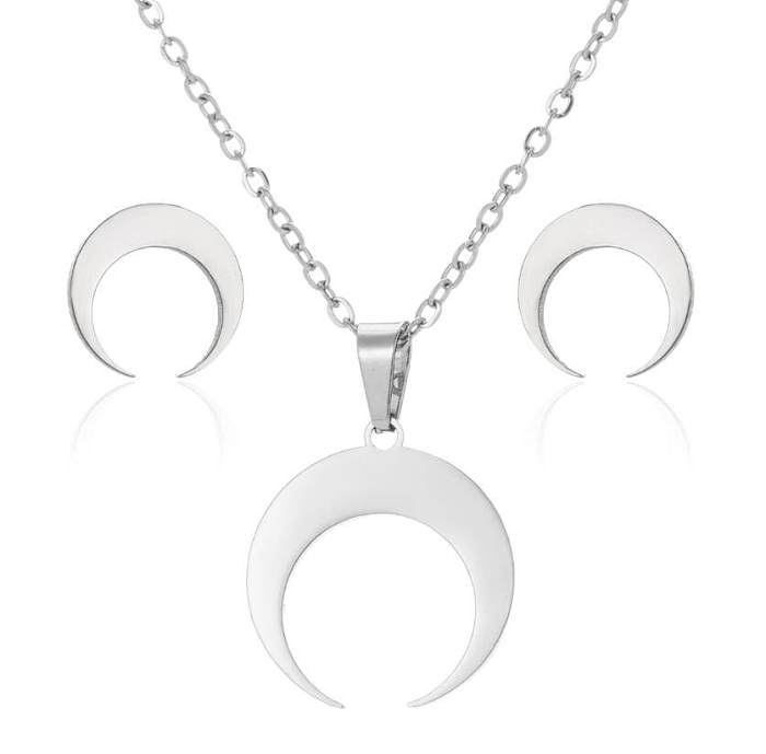 1 ensemble de boucles d'oreilles et collier en acier et titane, Style Simple, lune