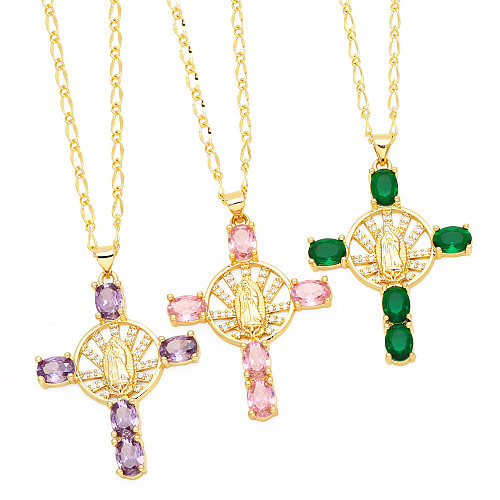 Retro Novelty Cross Virgin Mary Copper Plating Inlay Zircon 18K Gold Plated Pendant Necklace