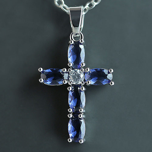 Mode einfache Kupfer eingelegte blaue ovale Zirkon Kreuz Anhänger Halskette