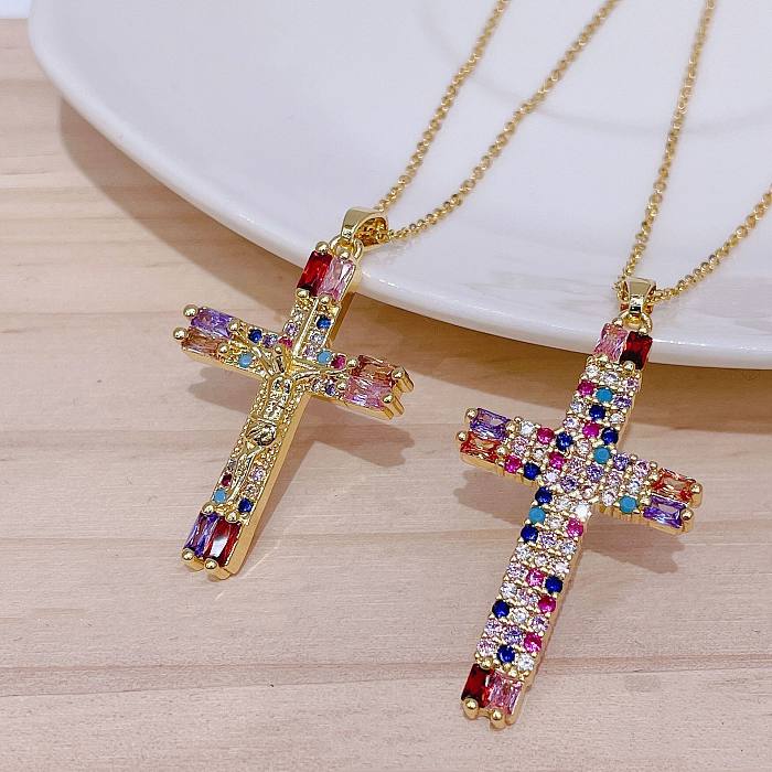 Colar de cobre com pingente de cruz religiosa de zircônia colorida da moda