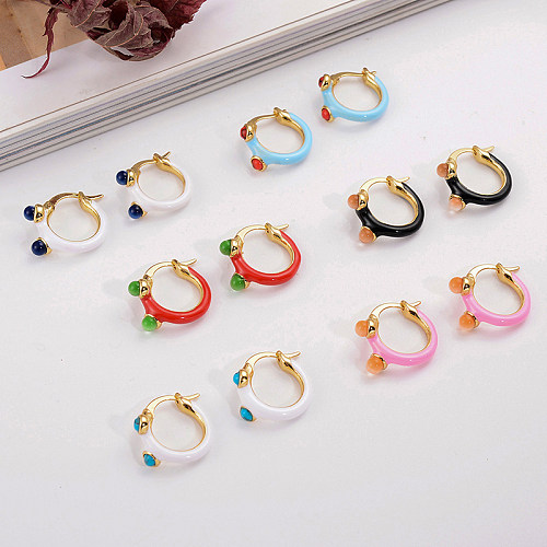 1 Pair Casual Simple Style Round Enamel Plating Inlay Copper Opal 18K Gold Plated Earrings