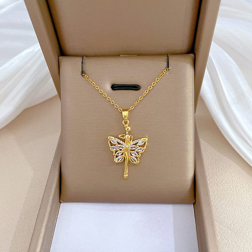 Vintage Style Simple Style Butterfly Titanium Steel Copper Plating Inlay Artificial Gemstones Gold Plated Pendant Necklace