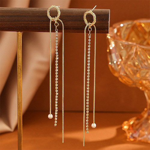 Boucles d'oreilles pendantes en cuivre et Zircon, 1 paire de perles d'eau douce, incrustation de pampilles de trajet
