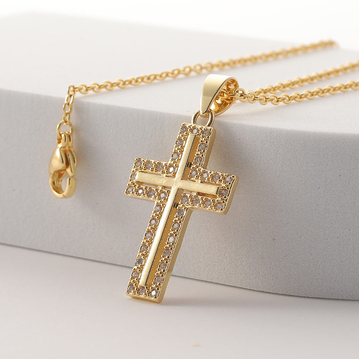 Women's Religious Cross Pendant Diamond Copper Sweater Chain Wholesale