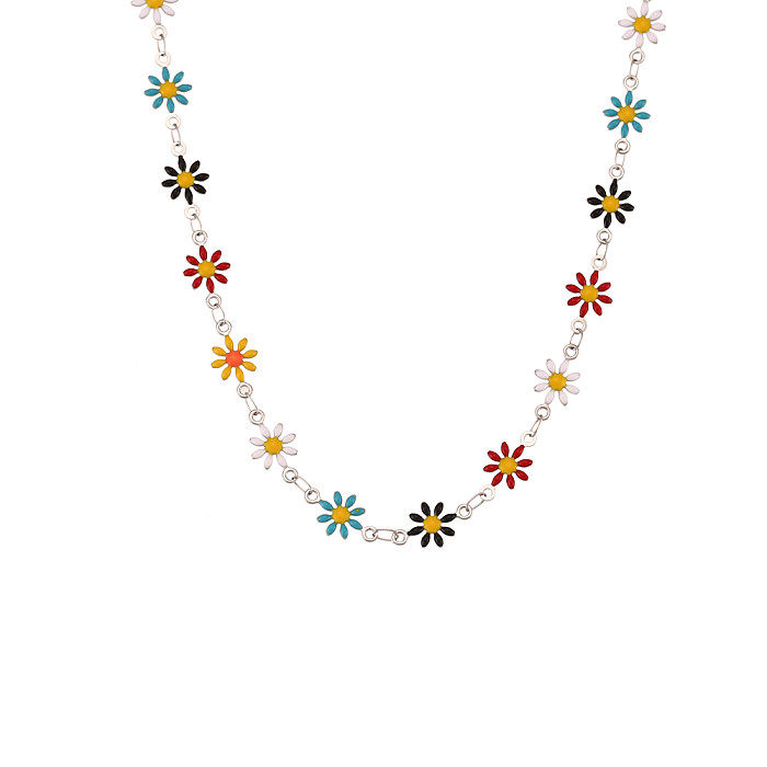 Basic Classic Style Flower Stainless Steel Enamel Plating 18K Gold Plated Bracelets Necklace